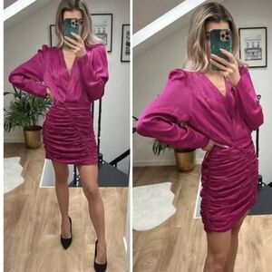 ZARA FUCHSIA SATIN  EFFECT Dotted PRINT Ruched FUCHSIA Mini DRESS Size XS EUC